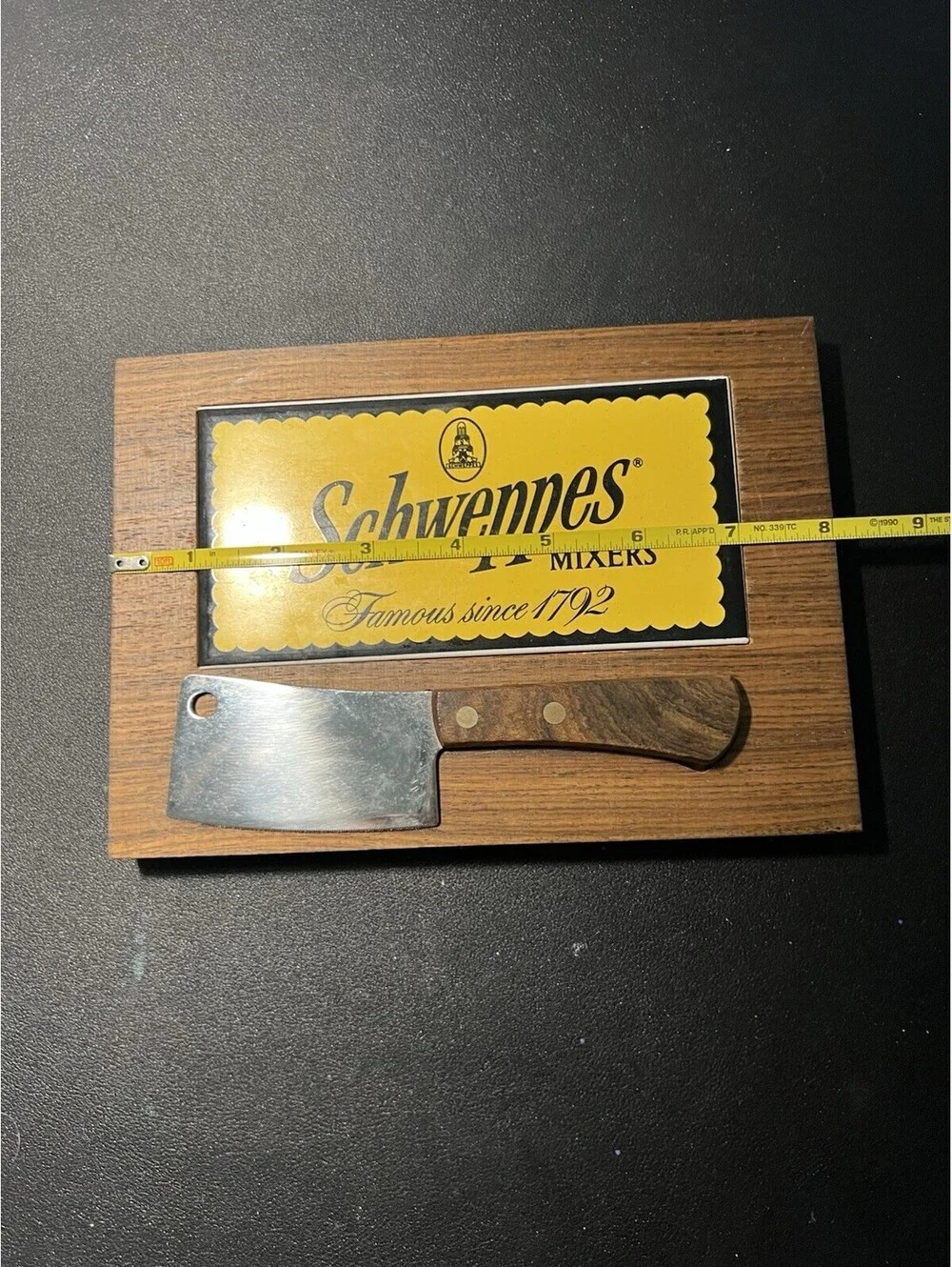 Schweppes 1970s Mixers Promotional Bar Set Mini Cheese Cleaver Wood Plaque, 8x6”